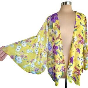 Umgee Chiffon Yellow Floral Kimono Wrap S/M Bell Sleeves Boho Romantic Feminine